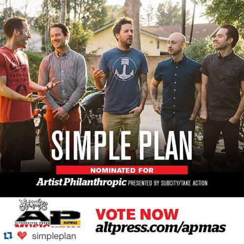#Repost @simpleplan with @repostapp.
・・・
Voting closes tomorrow! It’d mean the world if you chose the #SimplePlanFoundation for the Artist Philanthropic Award at the @altpress #APMAS! http://www.altpress.com/apmas #VOTEAPMAS